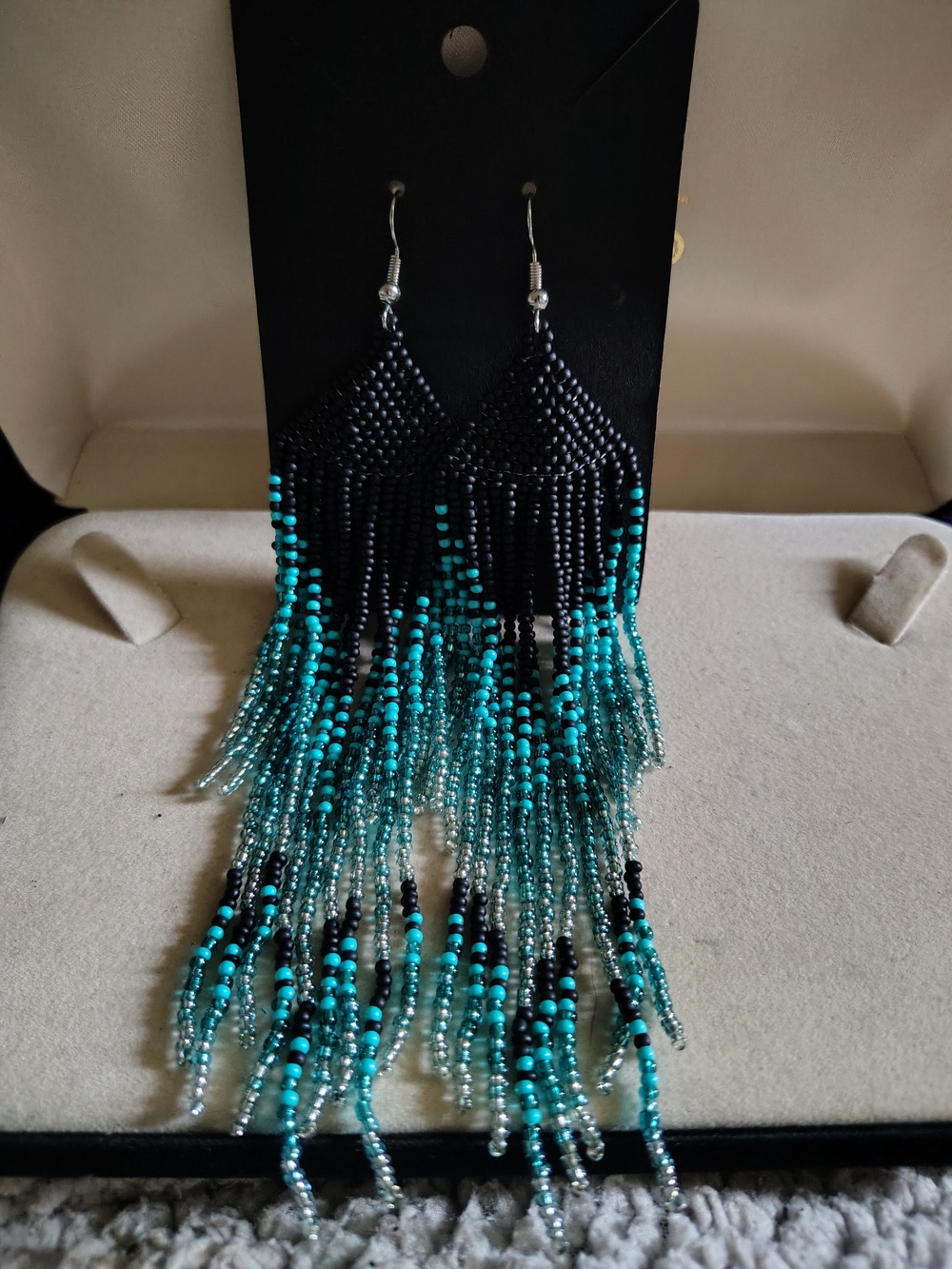 🔥New Handmade Beaded Fringe Earrings - 5.5” Black & Turquoise Dangle Earrings